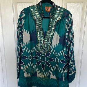 Tory Burch Teal Embellished Women's Silk Tunic